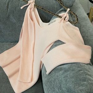 LOFT baby pink cold shoulder sweater. Tie shoulder. V front/ back Gently worn. L